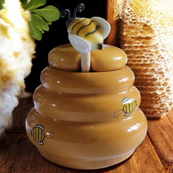 Vtg Honey Miel BEEHIVE Ceramic Jar Pot Bumblebee Bee Daisy Wood Spoon Dipper - Picture 2 of 8